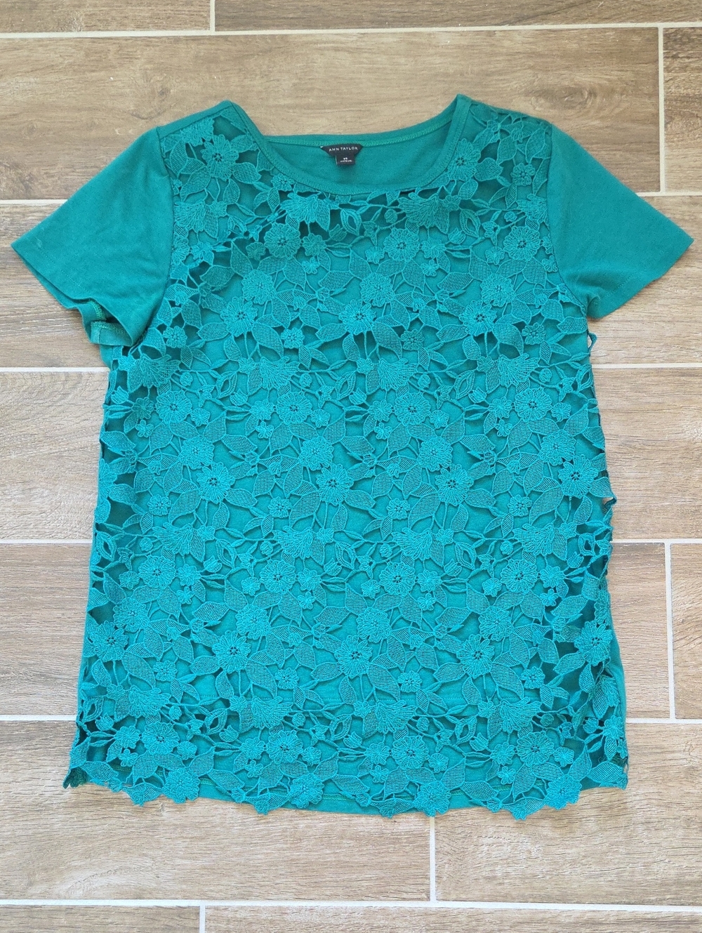 Ann Taylor Emerald Green Floral Lace Layered Short-Sleeve Top XS